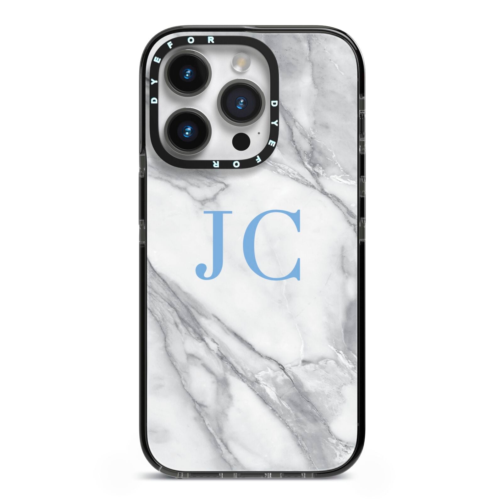 Grey Marble Blue Initials iPhone 14 Pro Black Impact Case on Silver phone
