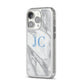 Grey Marble Blue Initials iPhone 14 Pro Clear Tough Case Silver Angled Image