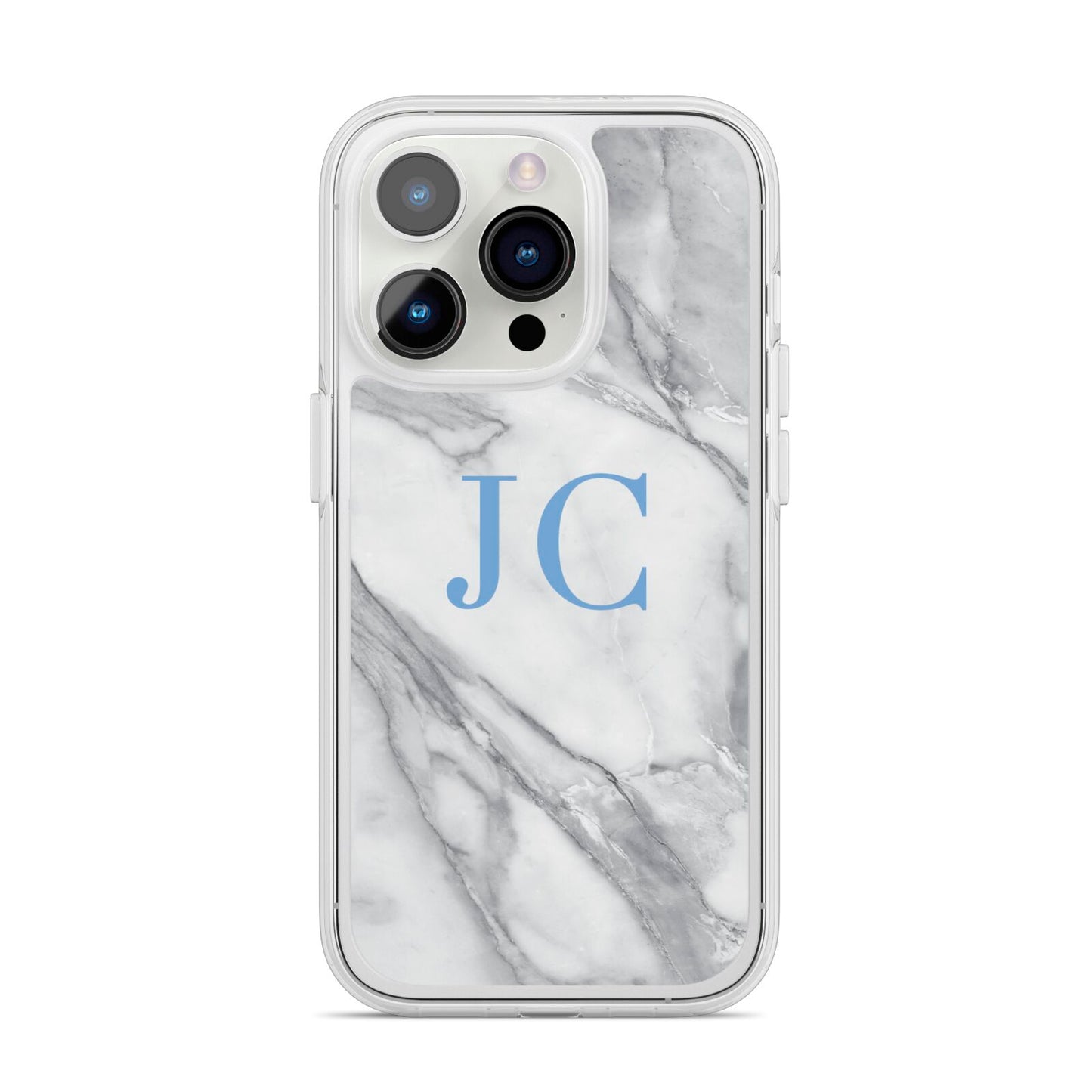 Grey Marble Blue Initials iPhone 14 Pro Clear Tough Case Silver
