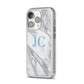 Grey Marble Blue Initials iPhone 14 Pro Glitter Tough Case Silver Angled Image