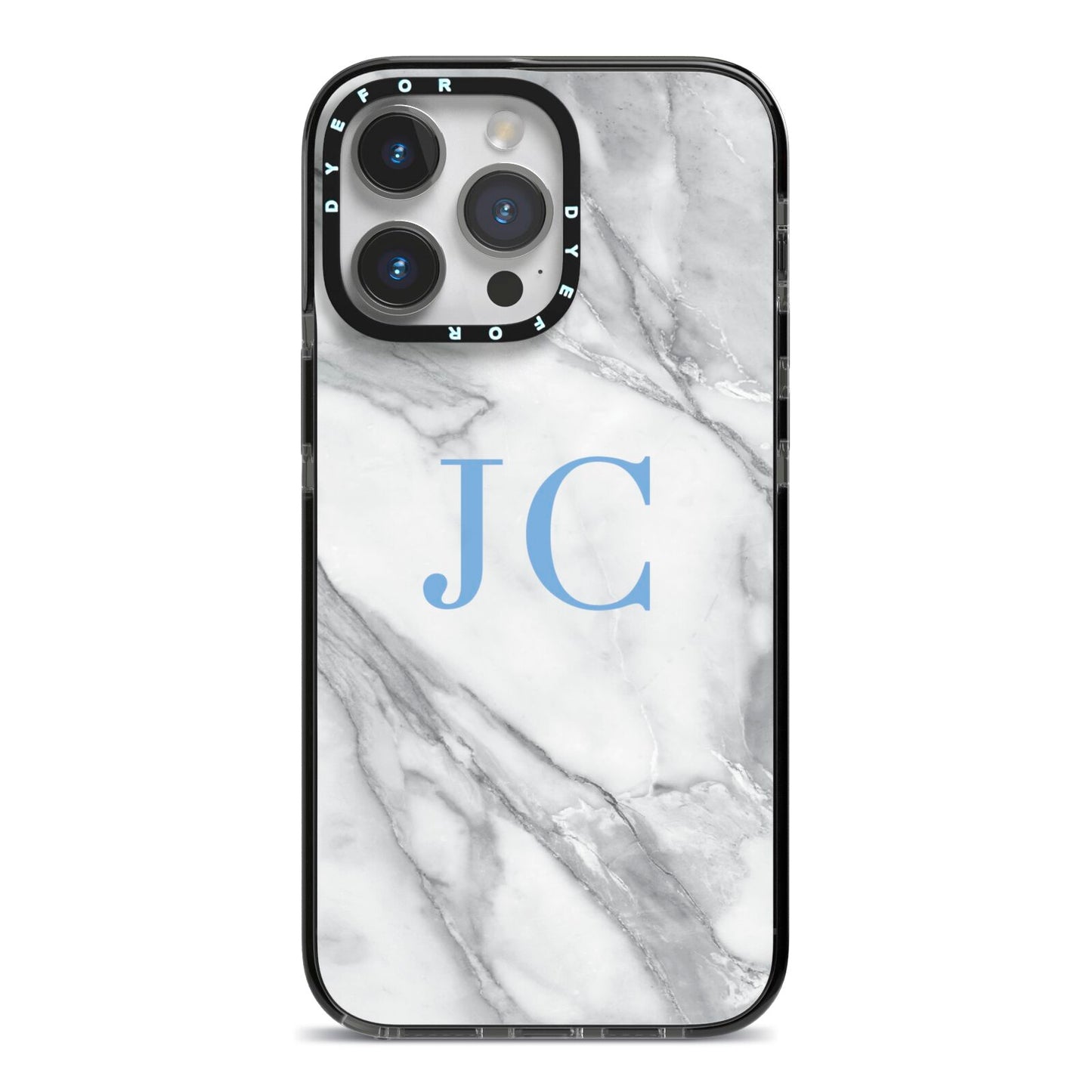 Grey Marble Blue Initials iPhone 14 Pro Max Black Impact Case on Silver phone