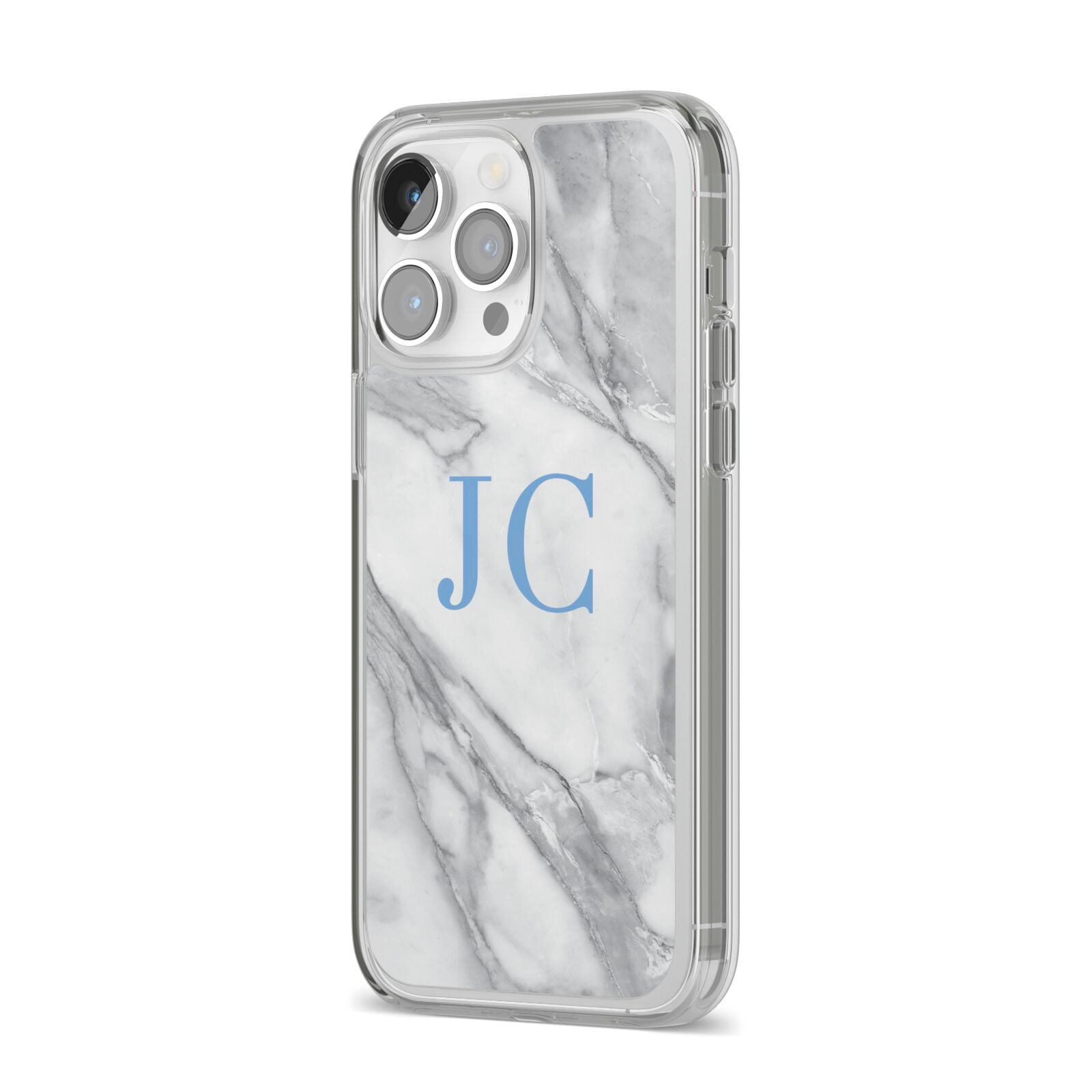 Grey Marble Blue Initials iPhone 14 Pro Max Clear Tough Case Silver Angled Image