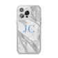Grey Marble Blue Initials iPhone 14 Pro Max Clear Tough Case Silver