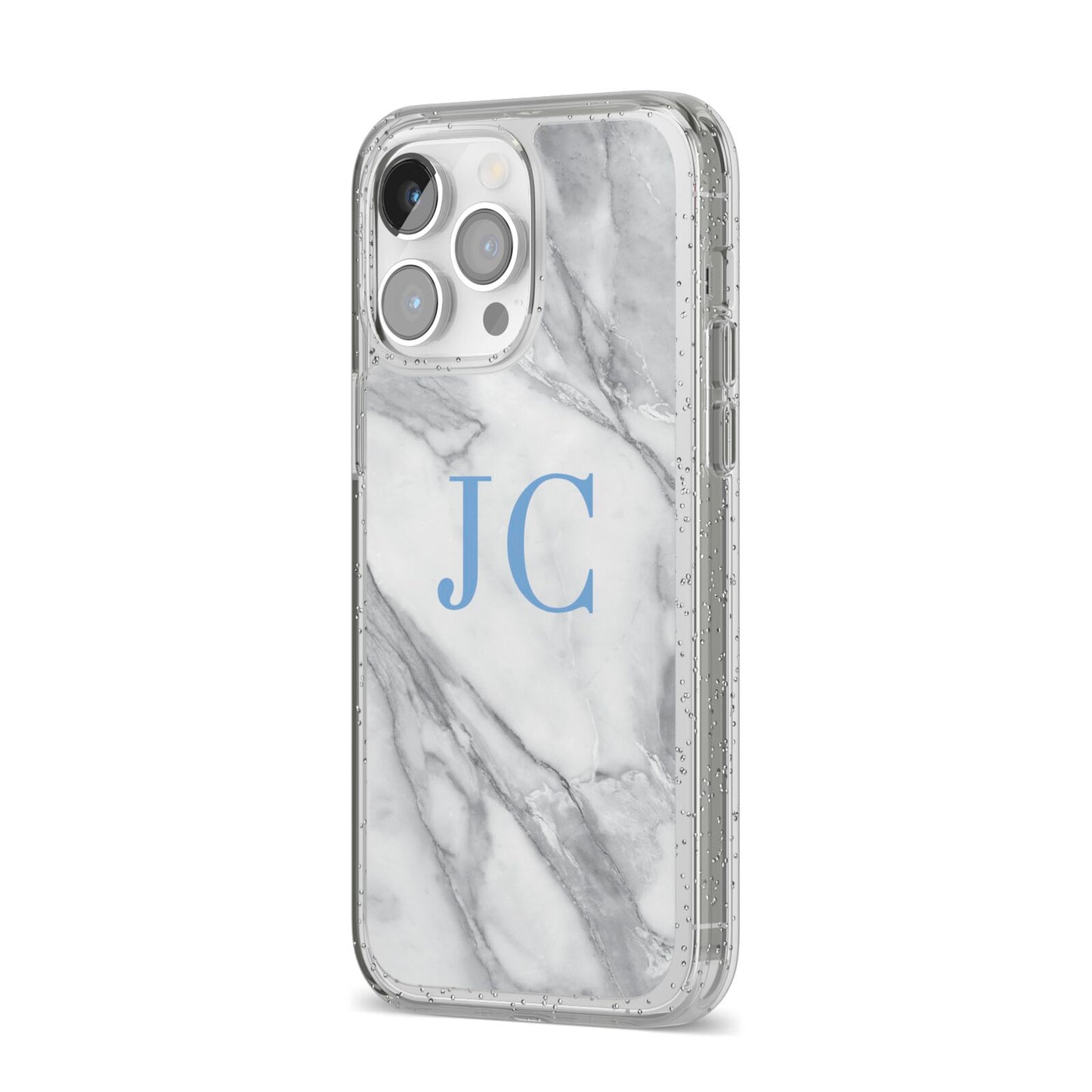 Grey Marble Blue Initials iPhone 14 Pro Max Glitter Tough Case Silver Angled Image