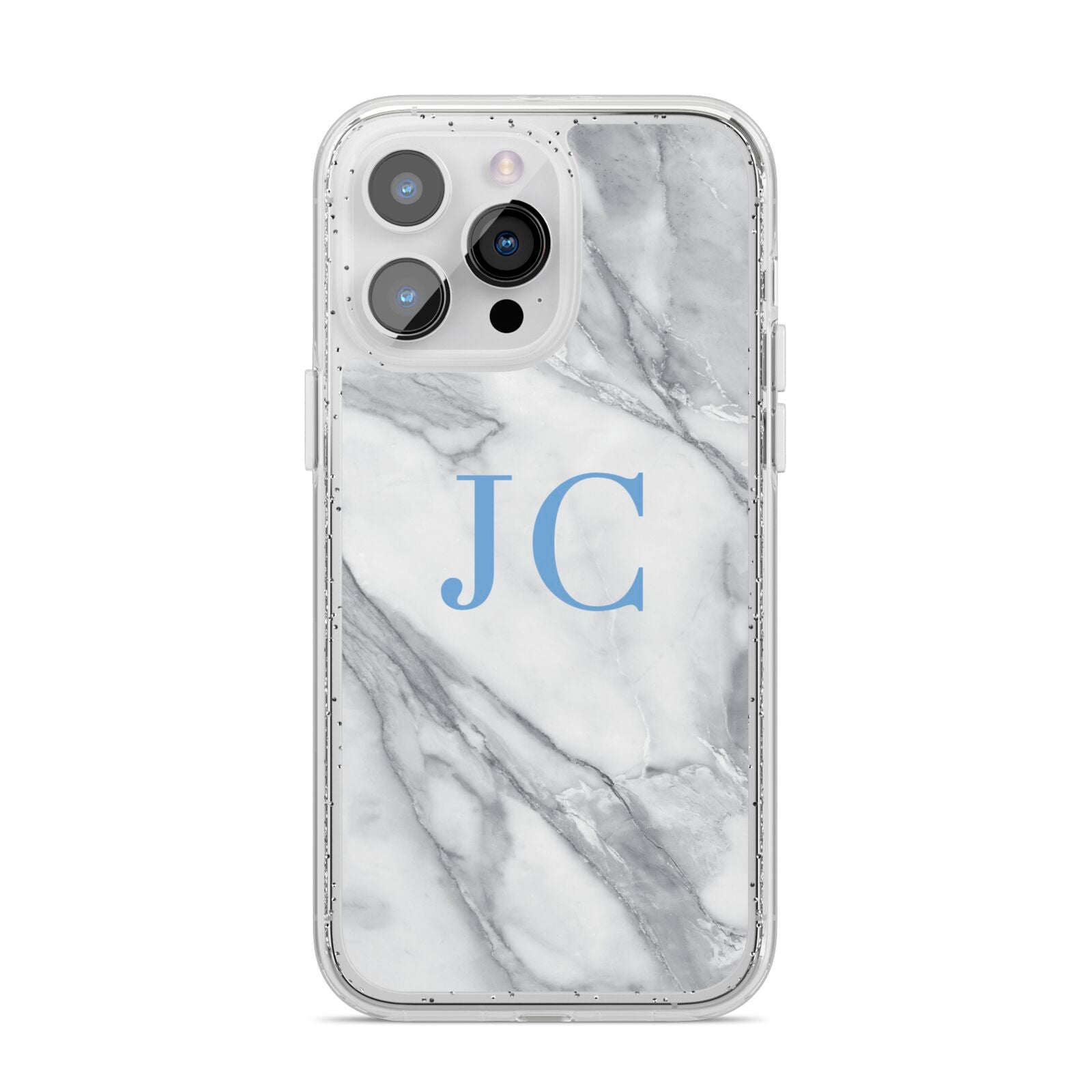 Grey Marble Blue Initials iPhone 14 Pro Max Glitter Tough Case Silver