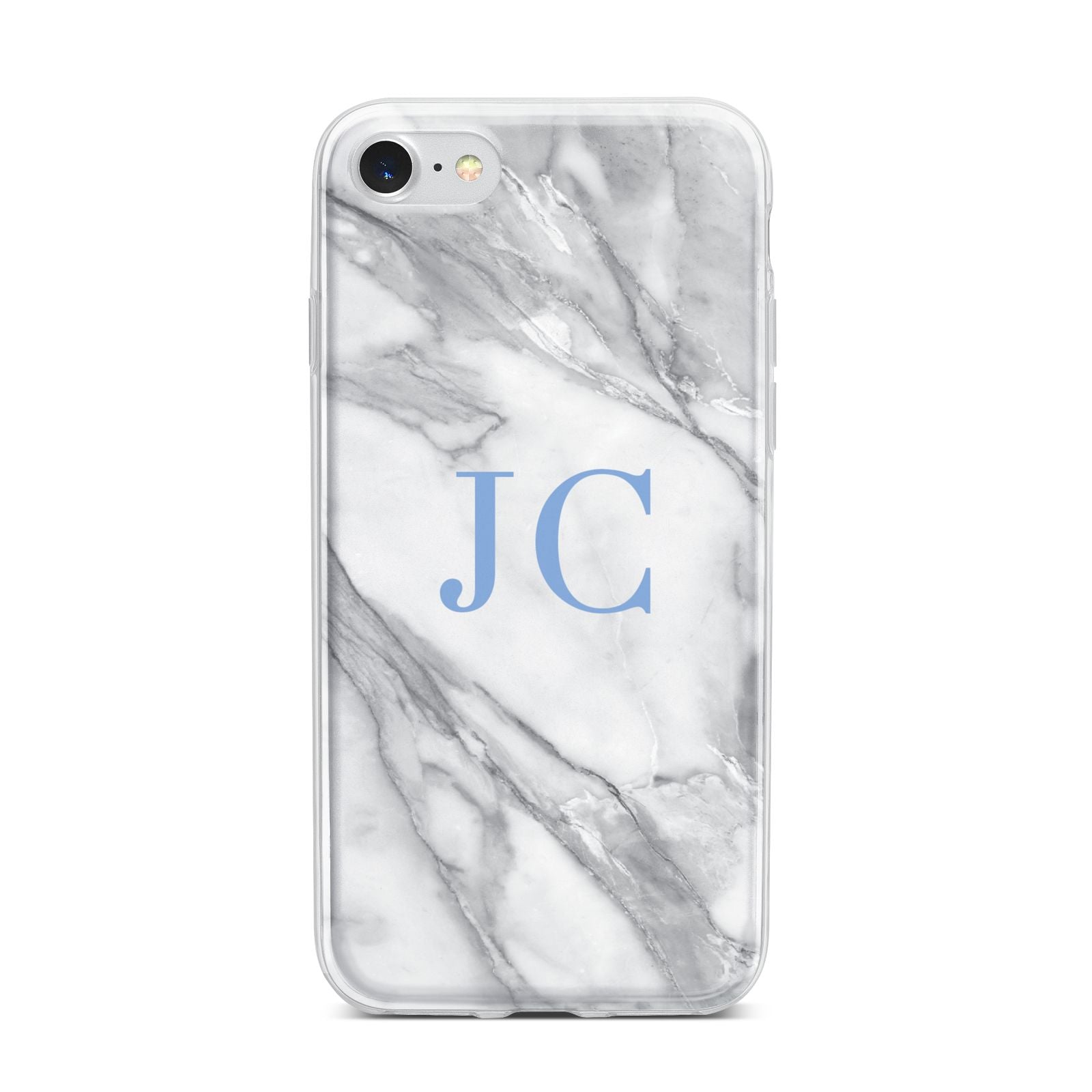 Grey Marble Blue Initials iPhone 7 Bumper Case on Silver iPhone