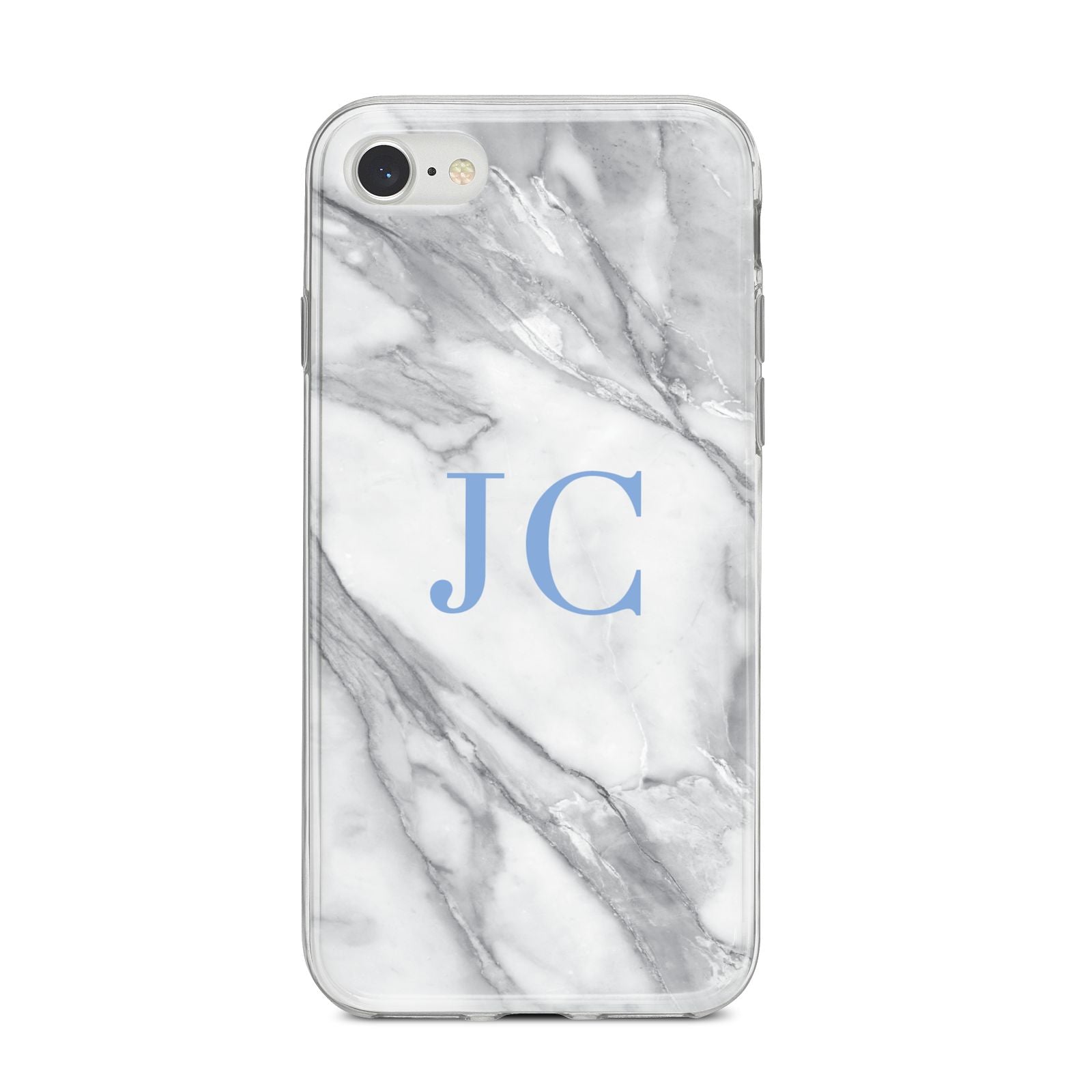 Grey Marble Blue Initials iPhone 8 Bumper Case on Silver iPhone