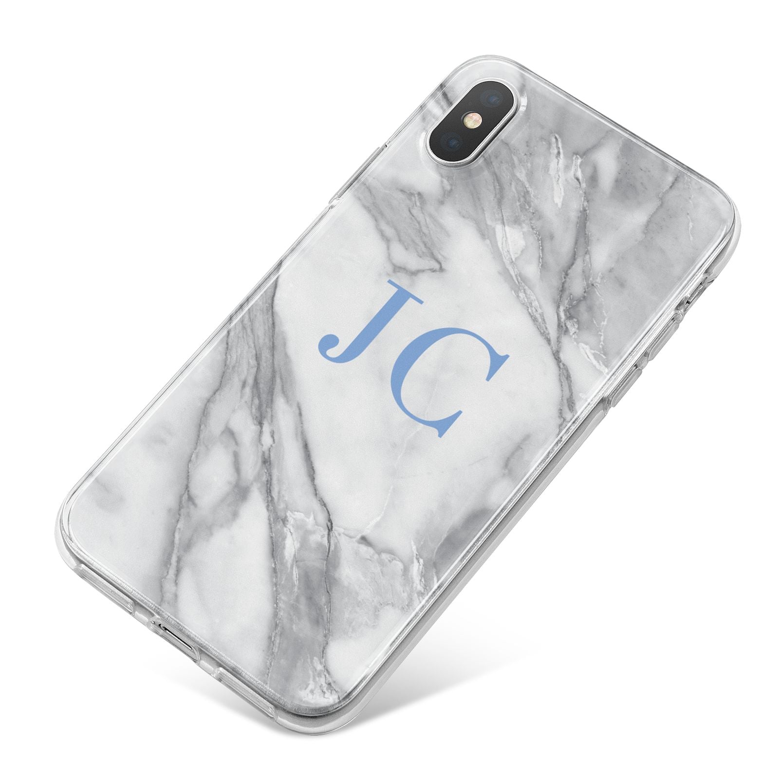 Grey Marble Blue Initials iPhone X Bumper Case on Silver iPhone