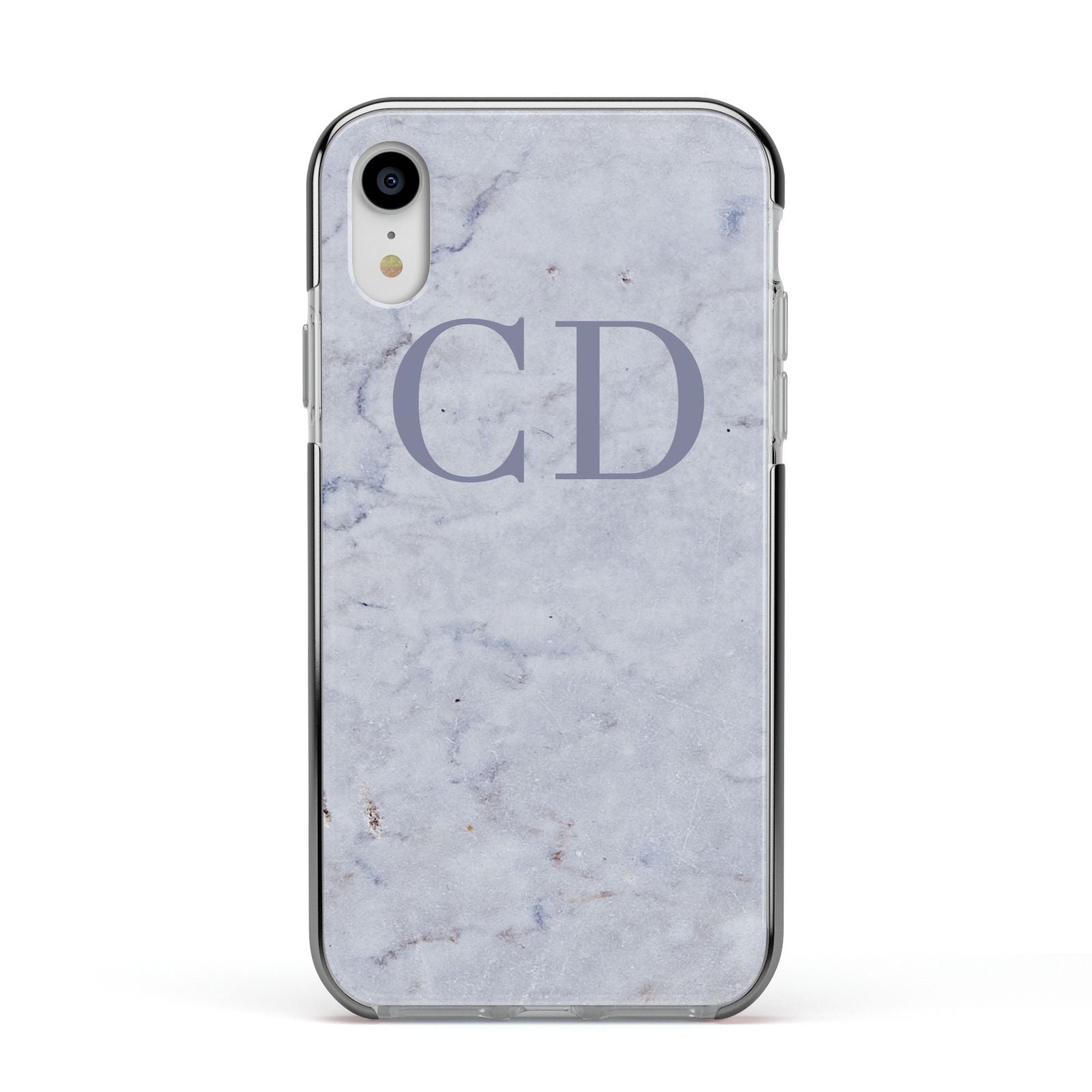 Grey Marble Grey Initials Apple iPhone XR Impact Case Black Edge on Silver Phone