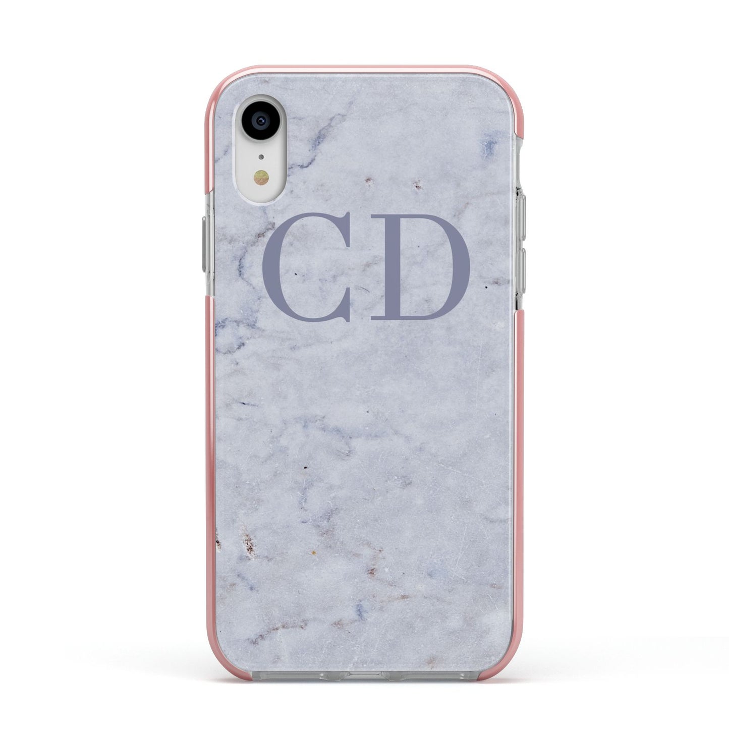 Grey Marble Grey Initials Apple iPhone XR Impact Case Pink Edge on Silver Phone