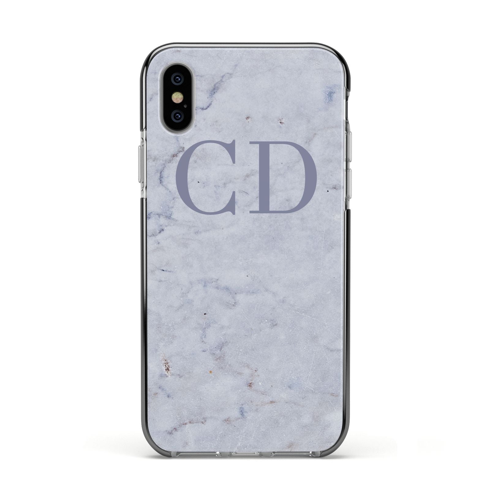 Grey Marble Grey Initials Apple iPhone Xs Impact Case Black Edge on Silver Phone