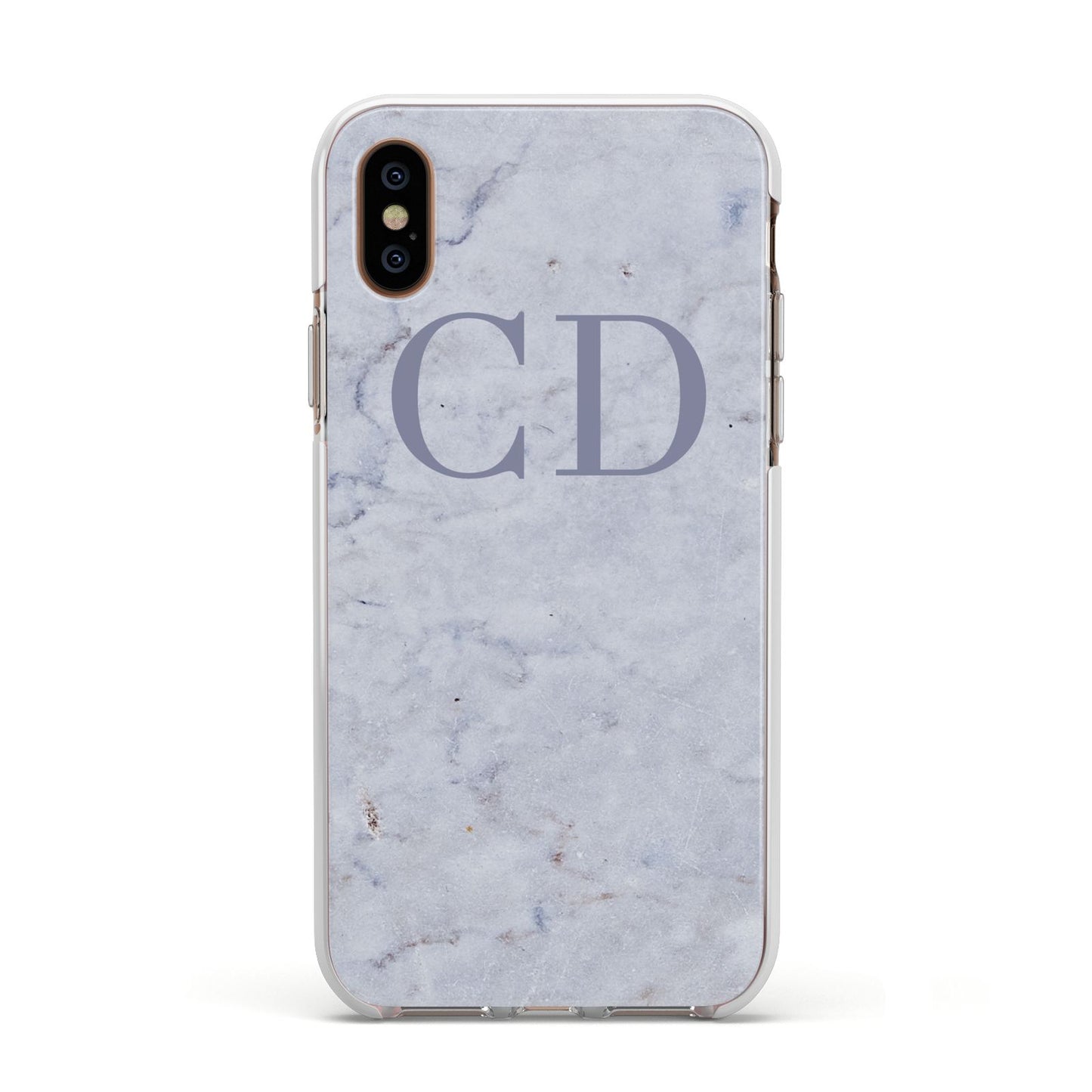 Grey Marble Grey Initials Apple iPhone Xs Impact Case White Edge on Gold Phone