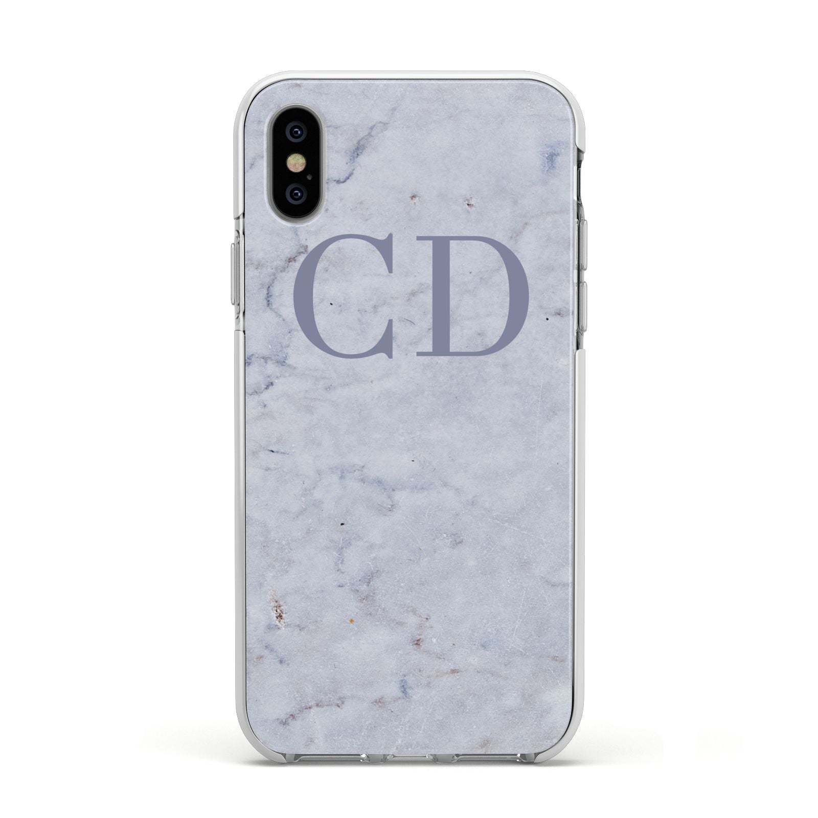 Grey Marble Grey Initials Apple iPhone Xs Impact Case White Edge on Silver Phone