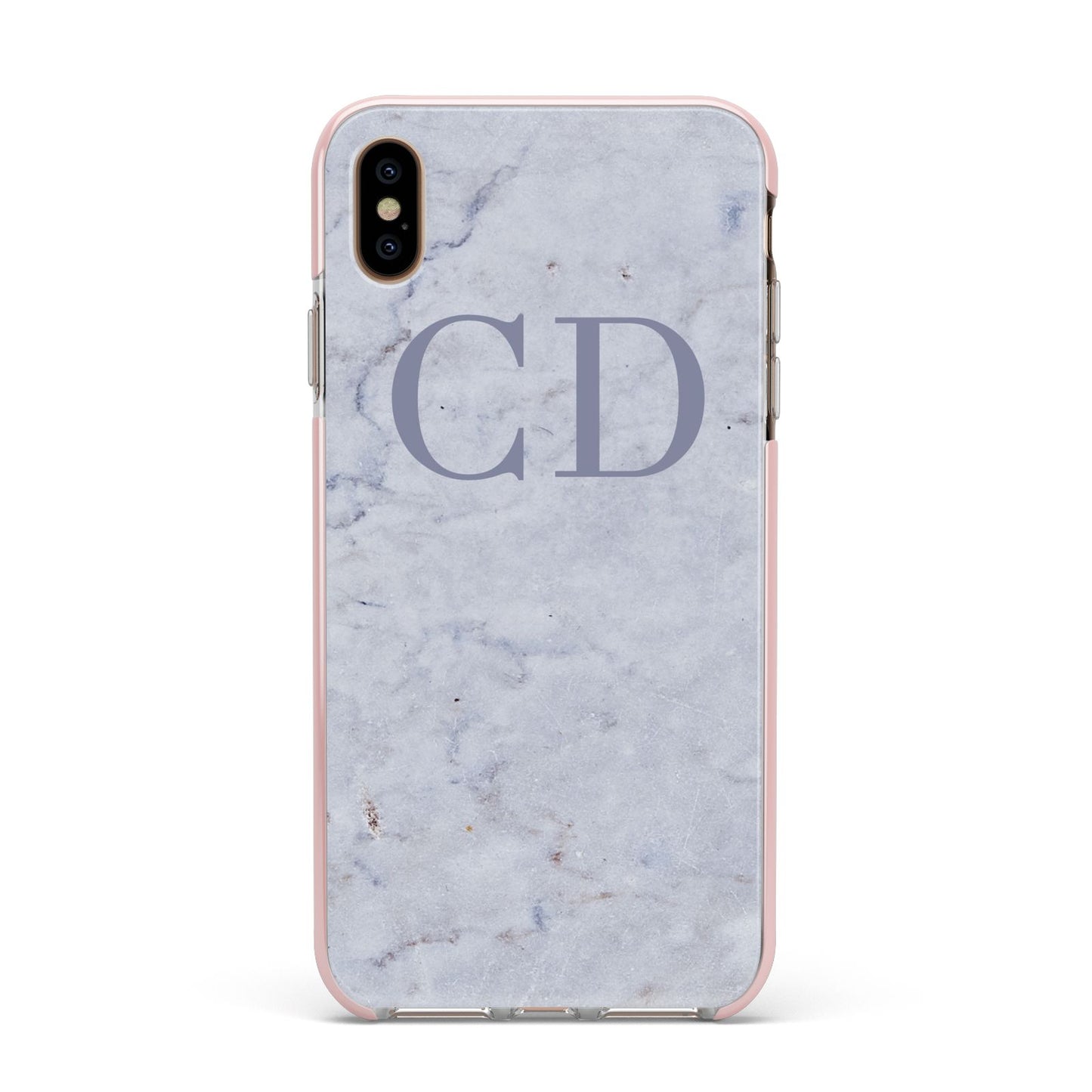 Grey Marble Grey Initials Apple iPhone Xs Max Impact Case Pink Edge on Gold Phone
