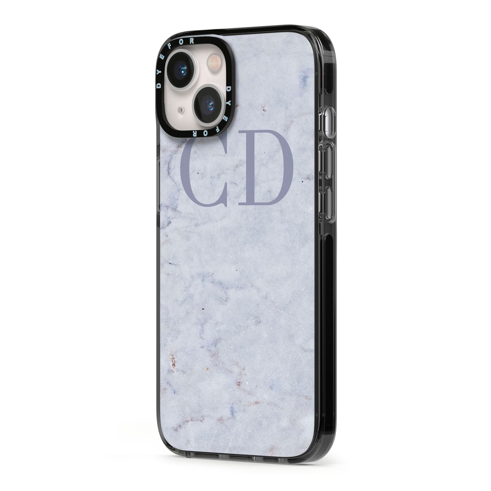 Grey Marble Grey Initials iPhone 13 Black Impact Case Side Angle on Silver phone