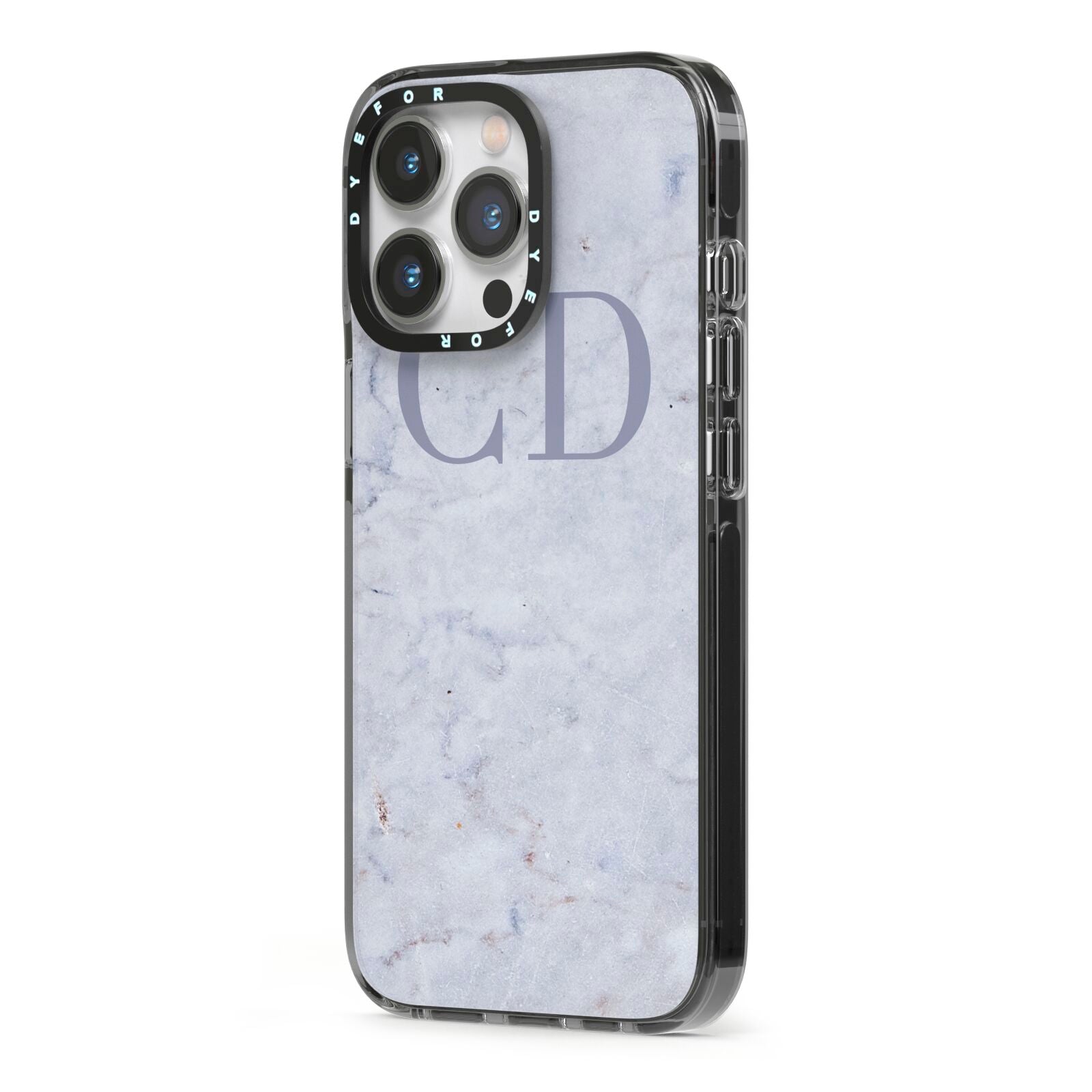 Grey Marble Grey Initials iPhone 13 Pro Black Impact Case Side Angle on Silver phone