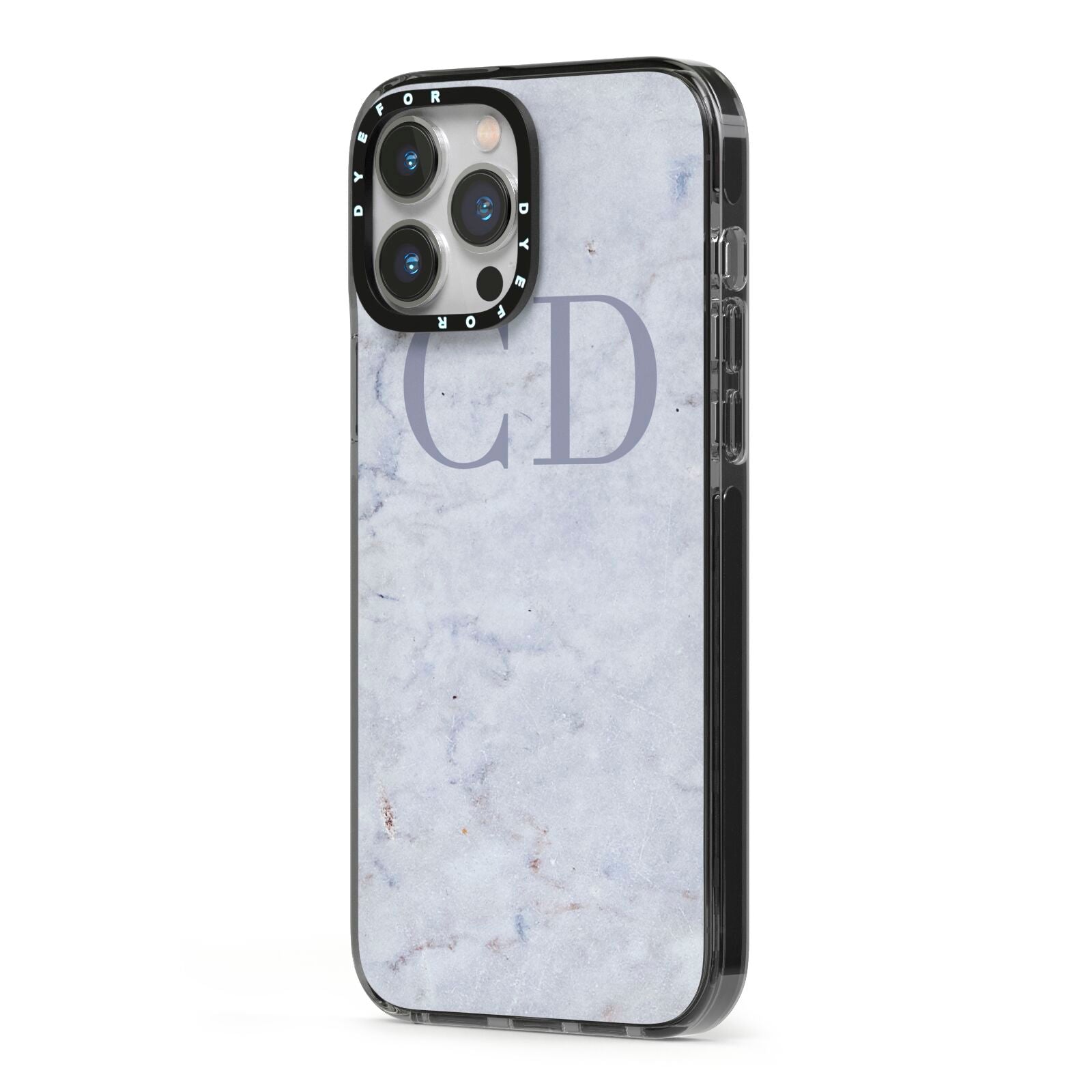 Grey Marble Grey Initials iPhone 13 Pro Max Black Impact Case Side Angle on Silver phone