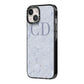 Grey Marble Grey Initials iPhone 14 Black Impact Case Side Angle on Silver phone
