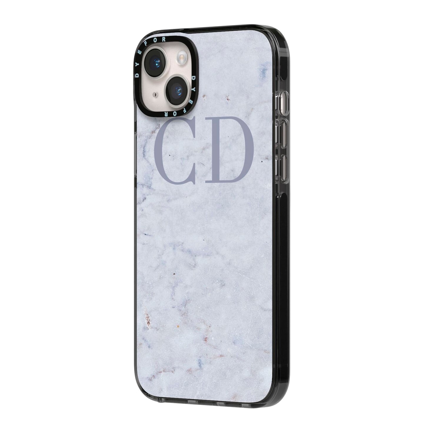 Grey Marble Grey Initials iPhone 14 Plus Black Impact Case Side Angle on Silver phone
