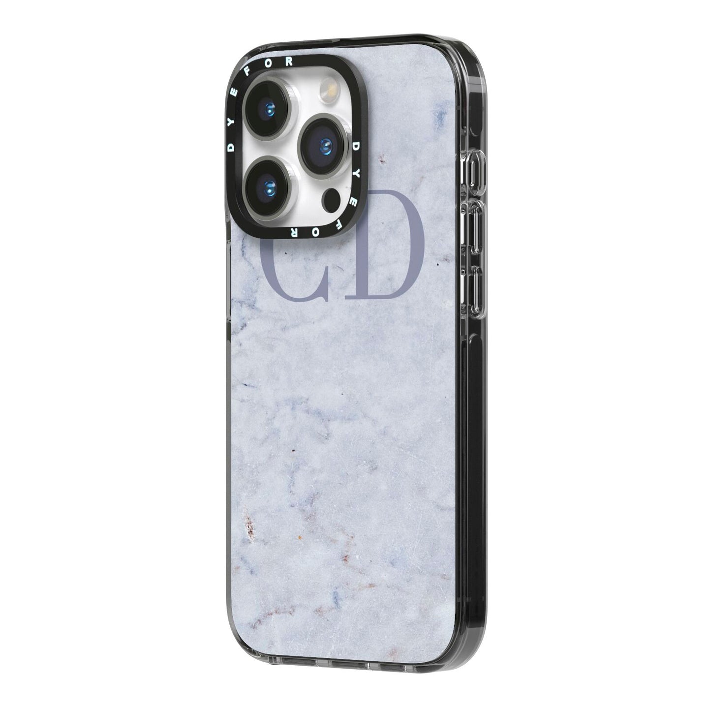 Grey Marble Grey Initials iPhone 14 Pro Black Impact Case Side Angle on Silver phone