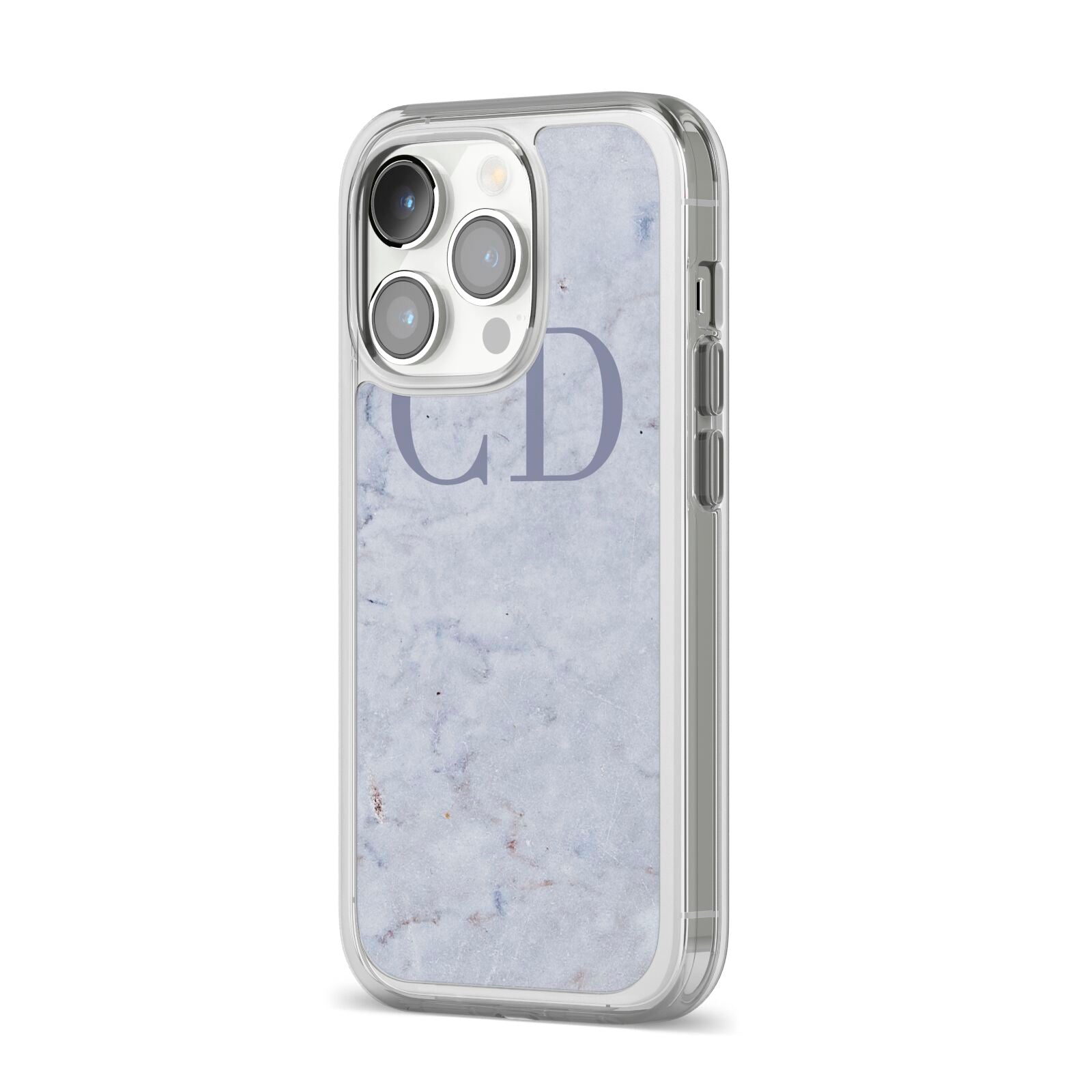 Grey Marble Grey Initials iPhone 14 Pro Clear Tough Case Silver Angled Image