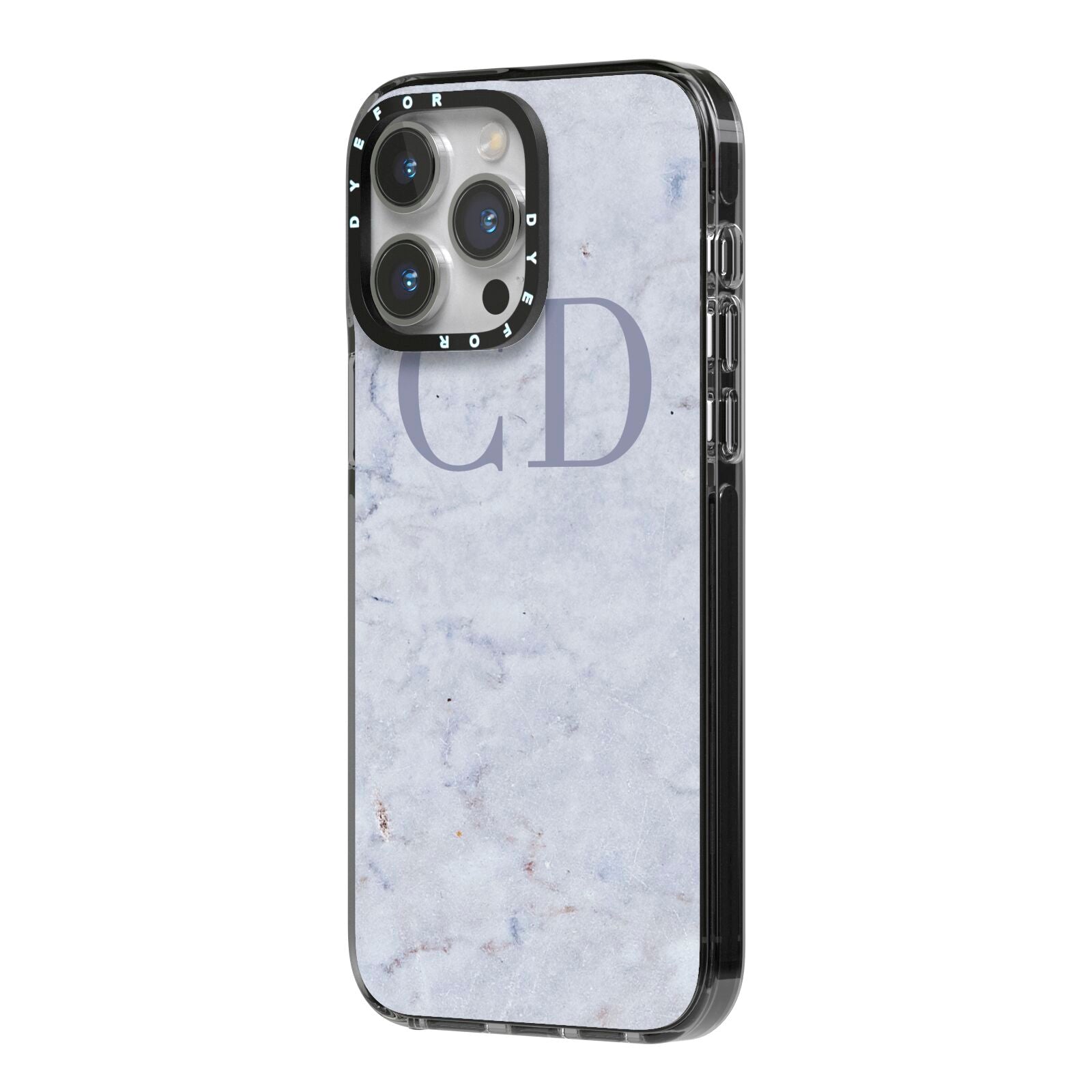 Grey Marble Grey Initials iPhone 14 Pro Max Black Impact Case Side Angle on Silver phone