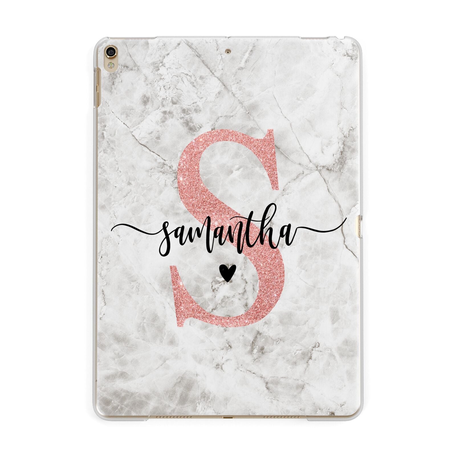 Grey Marble Personalised Pink Glitter Initial Apple iPad Gold Case