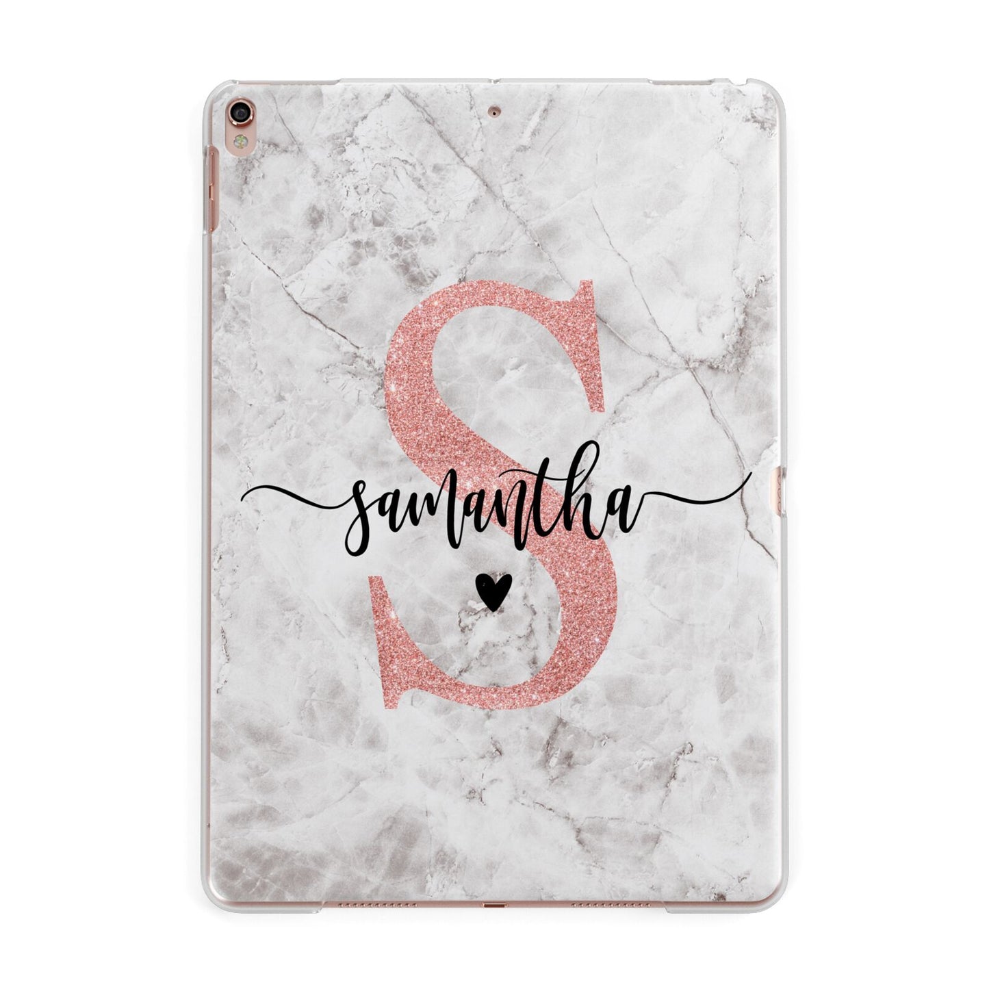 Grey Marble Personalised Pink Glitter Initial Apple iPad Rose Gold Case