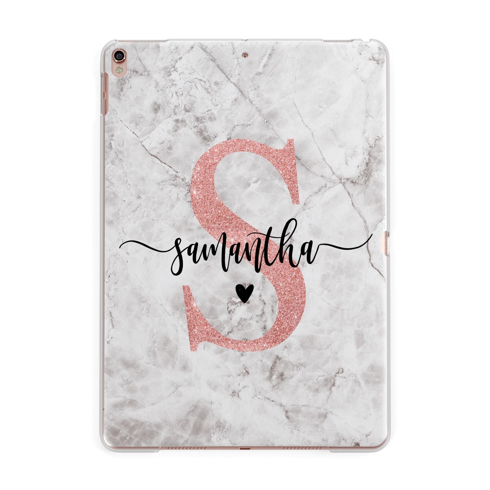 Grey Marble Personalised Pink Glitter Initial Apple iPad Rose Gold Case