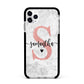 Grey Marble Personalised Pink Glitter Initial Apple iPhone 11 Pro Max in Silver with Black Impact Case