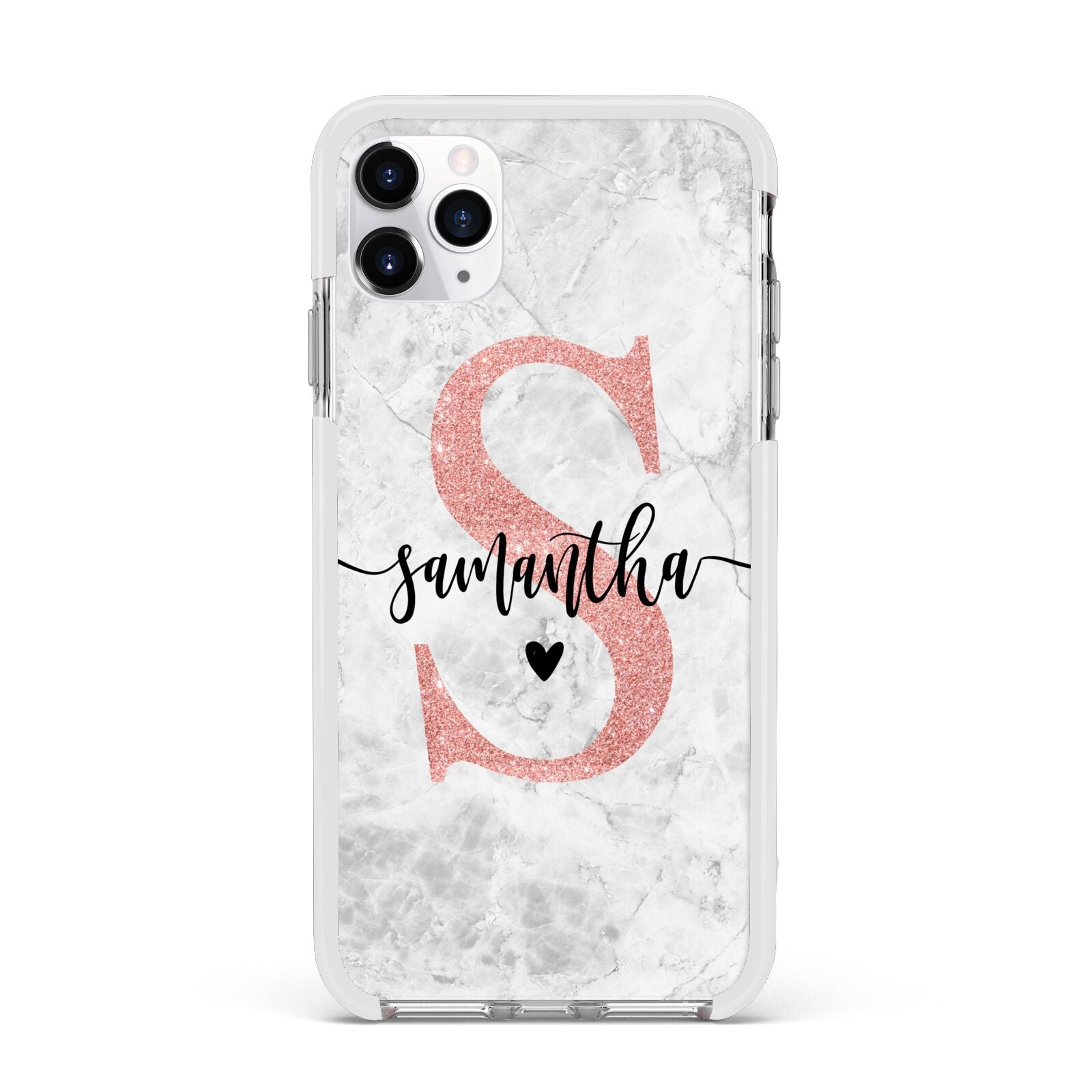 Grey Marble Personalised Pink Glitter Initial Apple iPhone 11 Pro Max in Silver with White Impact Case