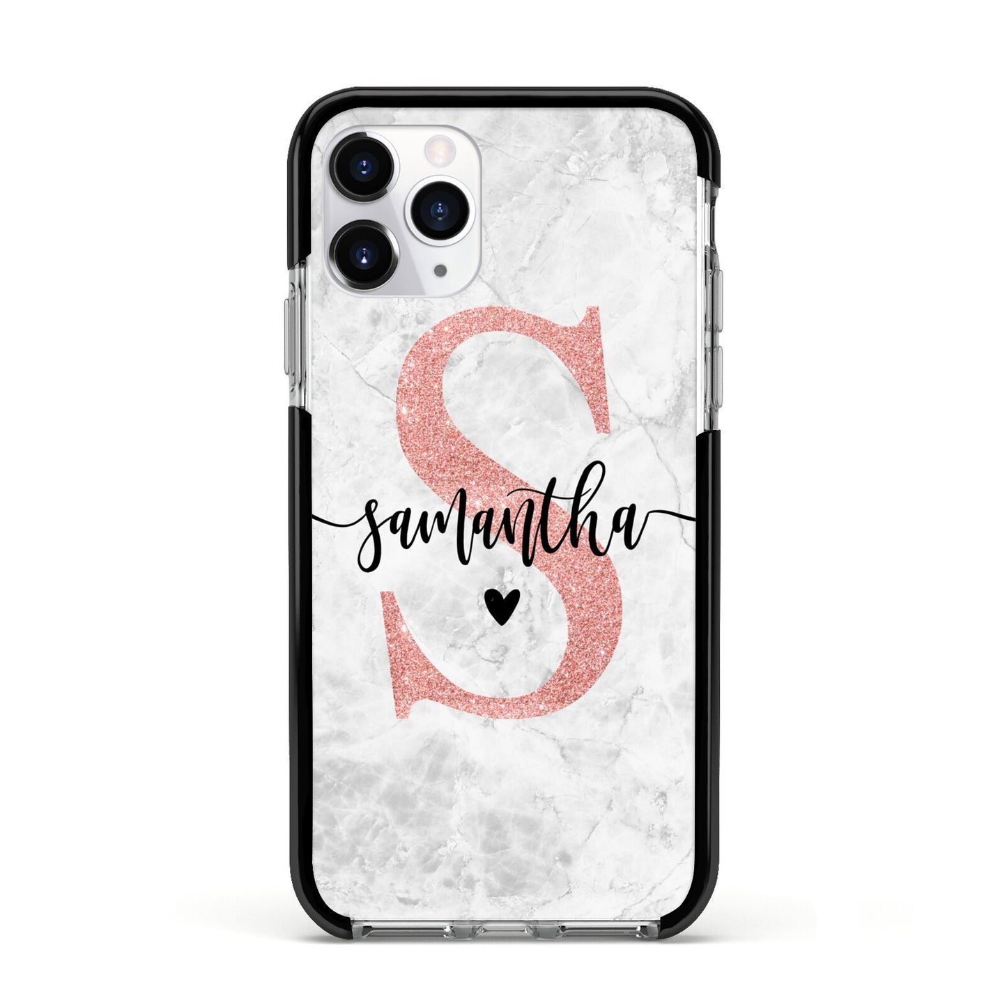 Grey Marble Personalised Pink Glitter Initial Apple iPhone 11 Pro in Silver with Black Impact Case