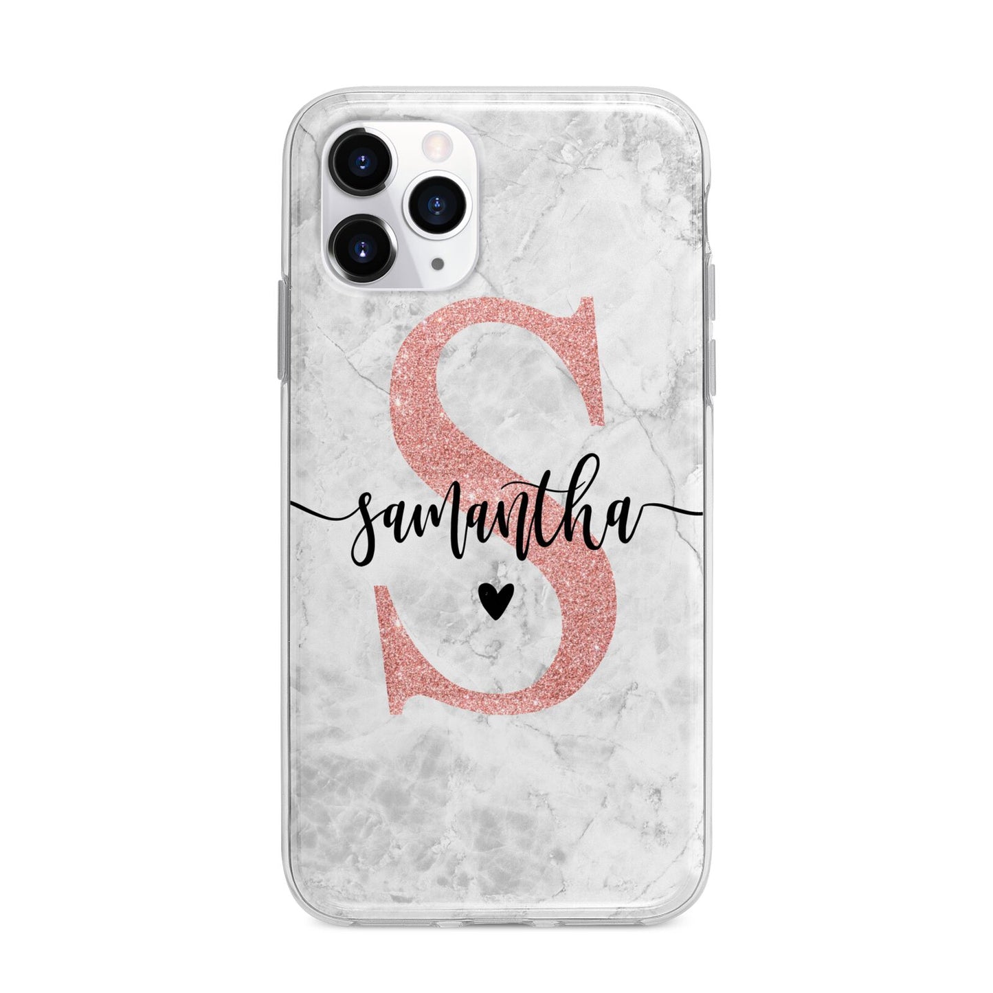 Grey Marble Personalised Pink Glitter Initial Apple iPhone 11 Pro in Silver with Bumper Case