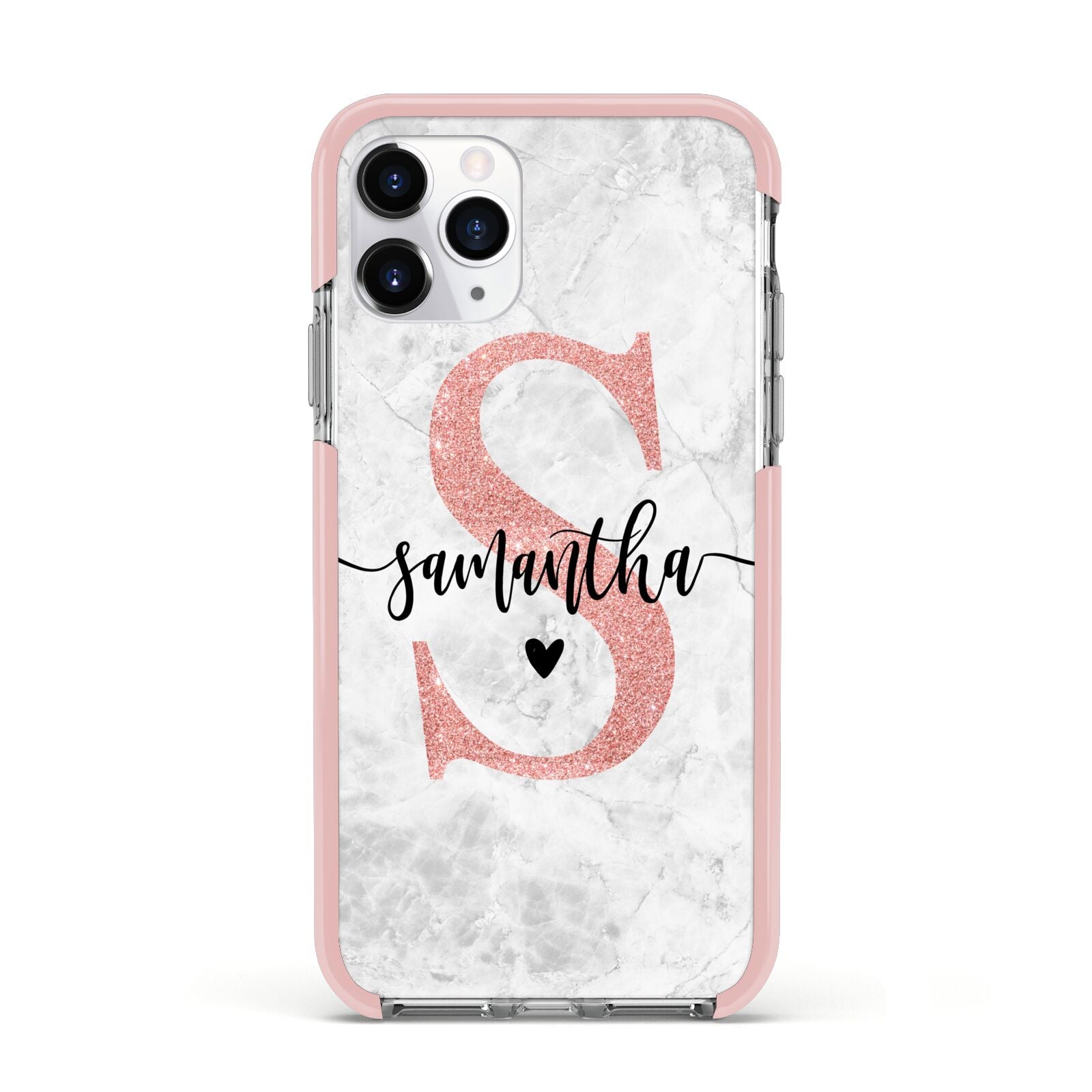 Grey Marble Personalised Pink Glitter Initial Apple iPhone 11 Pro in Silver with Pink Impact Case