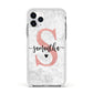 Grey Marble Personalised Pink Glitter Initial Apple iPhone 11 Pro in Silver with White Impact Case