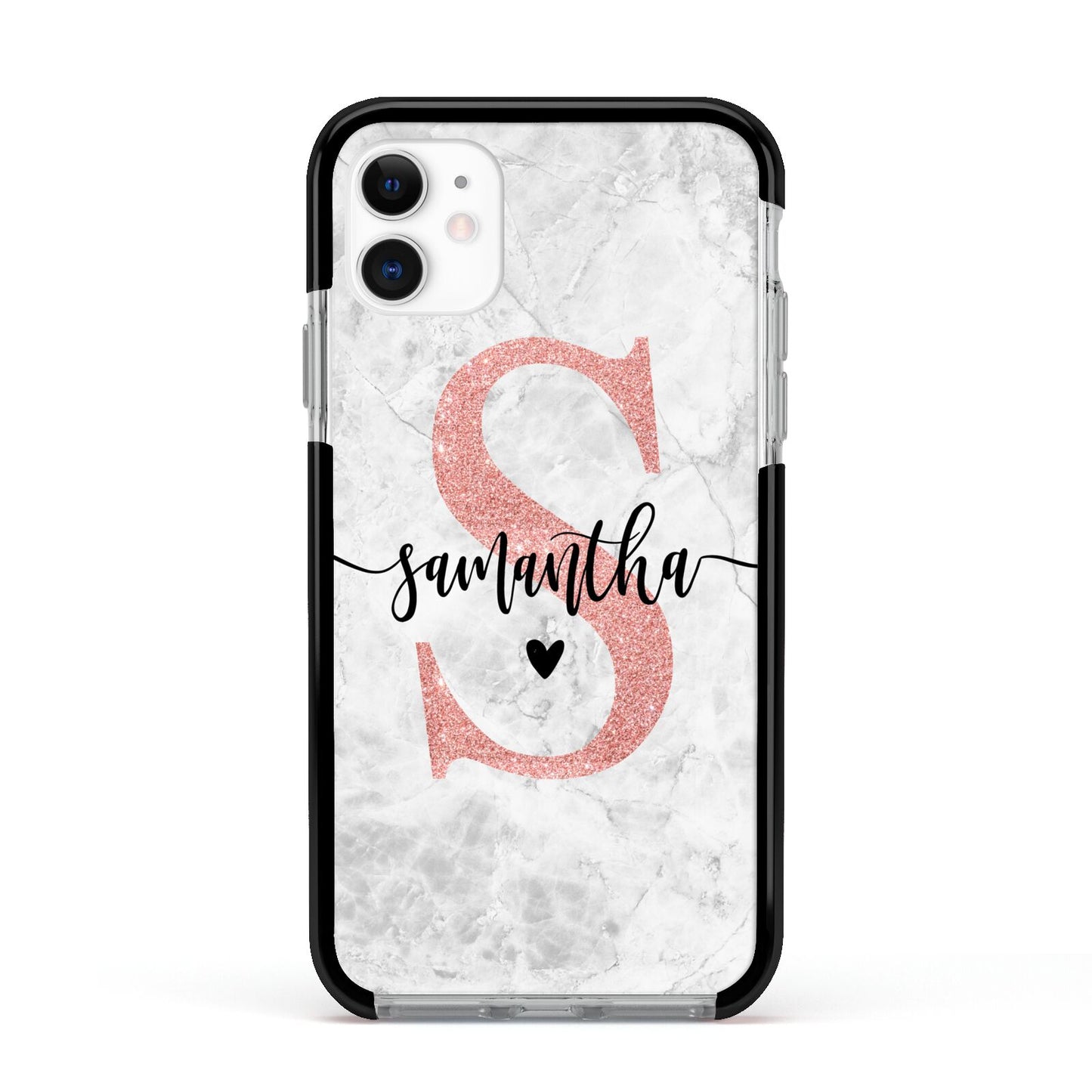 Grey Marble Personalised Pink Glitter Initial Apple iPhone 11 in White with Black Impact Case