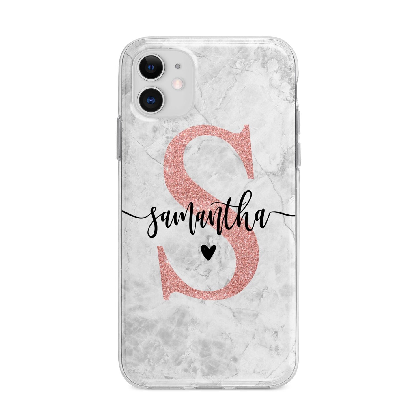 Grey Marble Personalised Pink Glitter Initial Apple iPhone 11 in White with Bumper Case