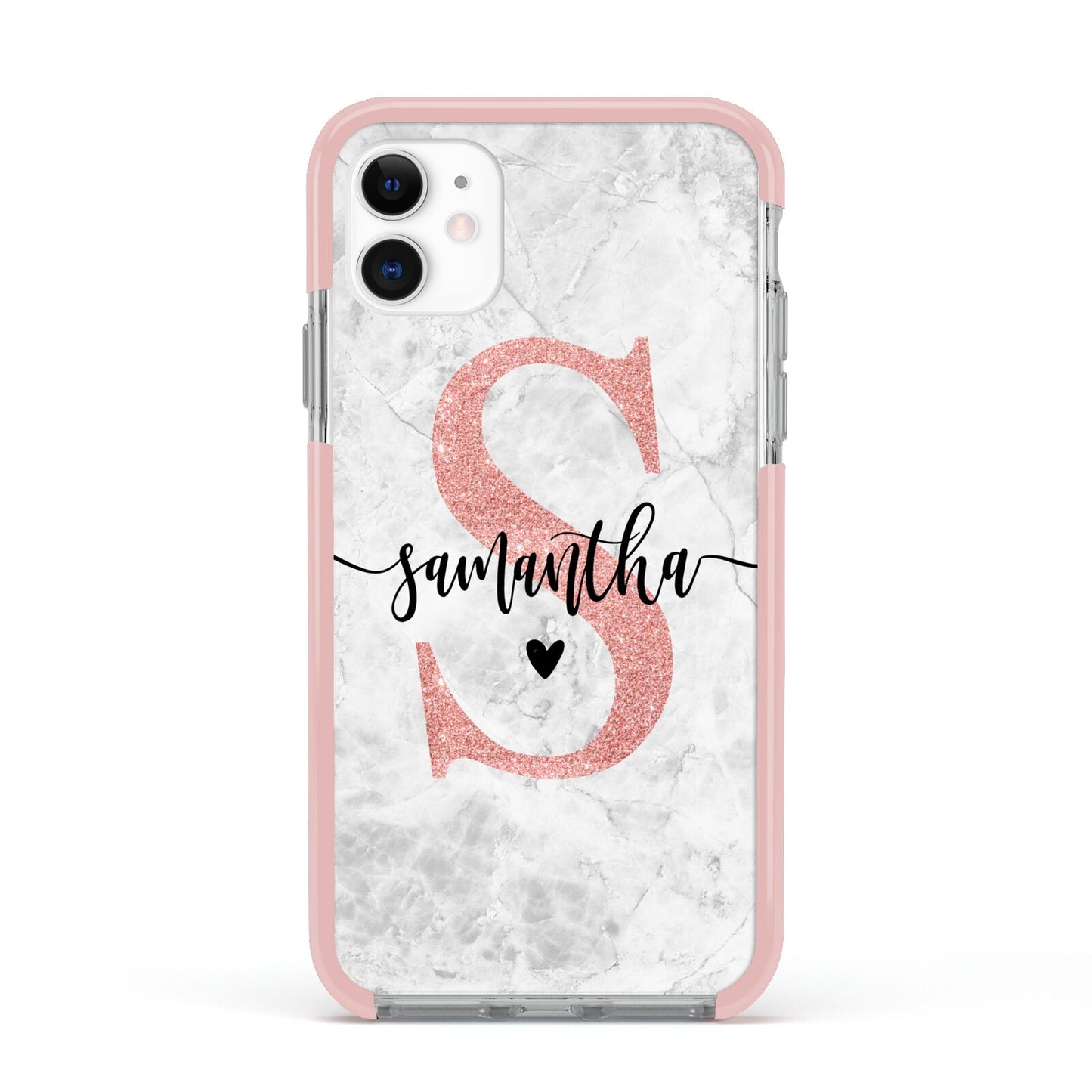 Grey Marble Personalised Pink Glitter Initial Apple iPhone 11 in White with Pink Impact Case