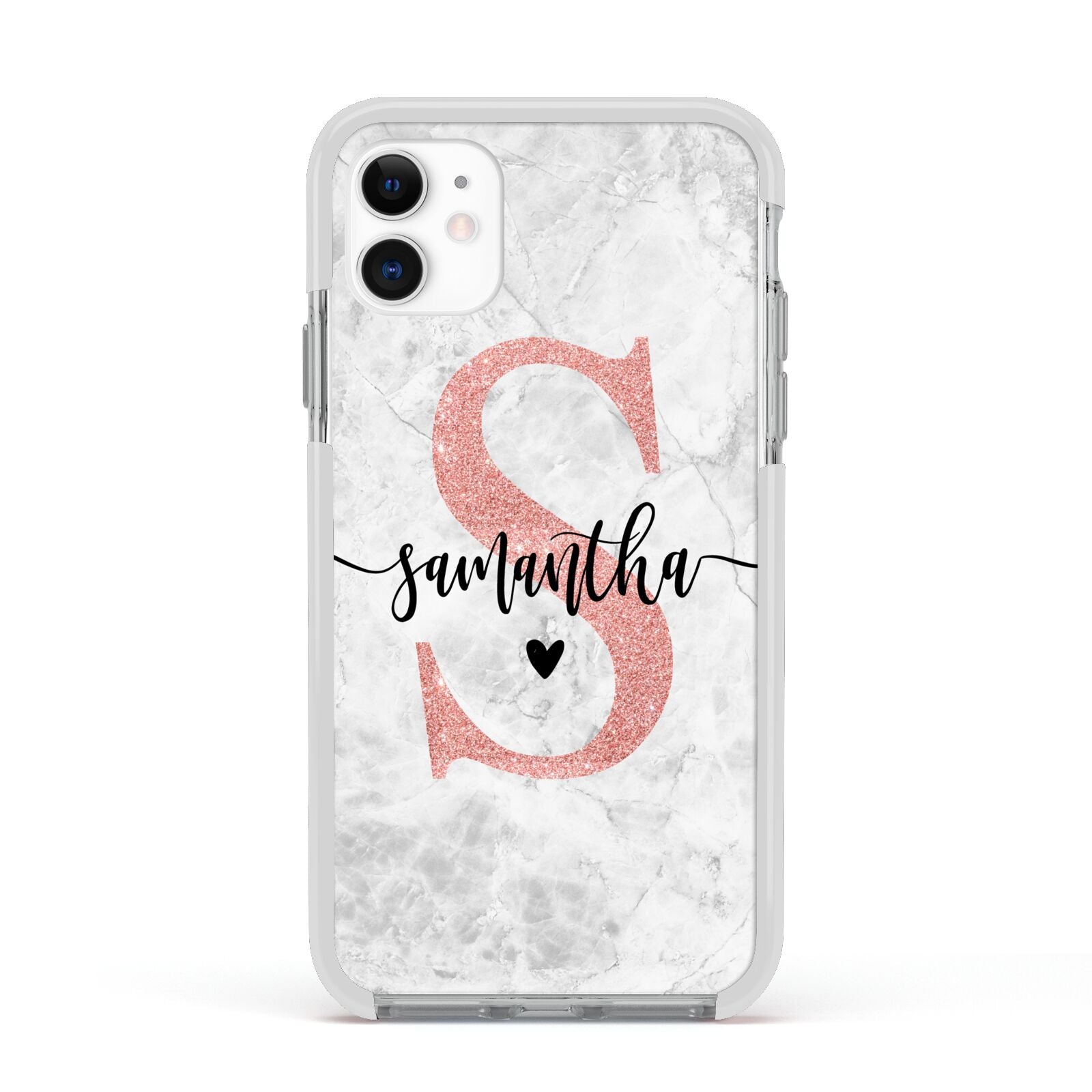 Grey Marble Personalised Pink Glitter Initial Apple iPhone 11 in White with White Impact Case
