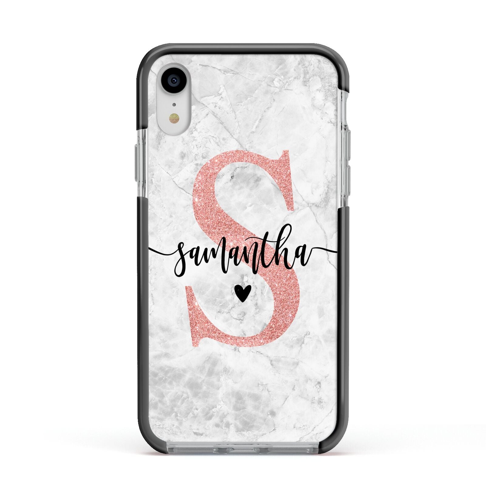 Grey Marble Personalised Pink Glitter Initial Apple iPhone XR Impact Case Black Edge on Silver Phone