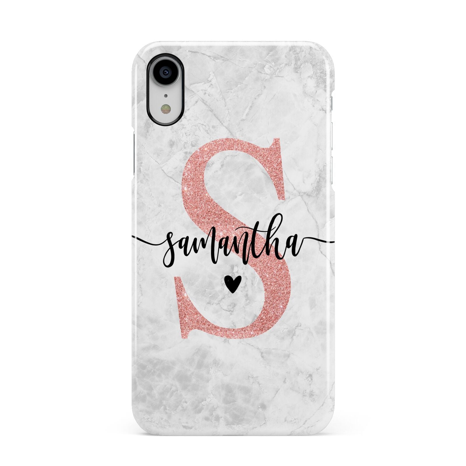 Grey Marble Personalised Pink Glitter Initial Apple iPhone XR White 3D Snap Case