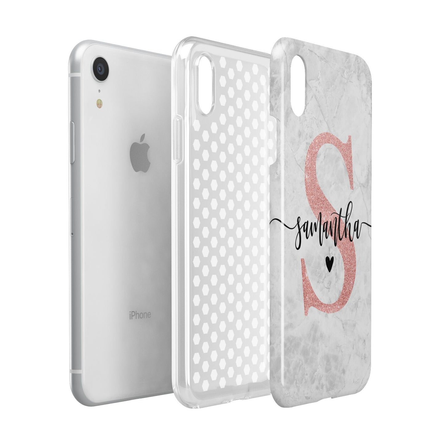 Grey Marble Personalised Pink Glitter Initial Apple iPhone XR White 3D Tough Case Expanded view