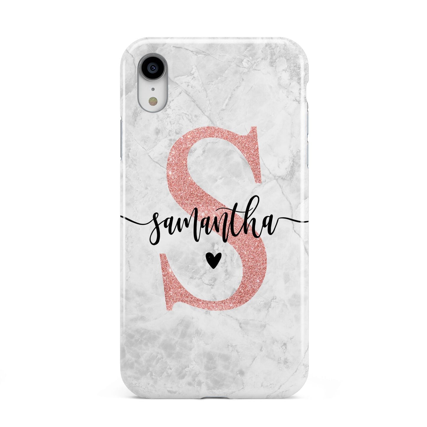 Grey Marble Personalised Pink Glitter Initial Apple iPhone XR White 3D Tough Case