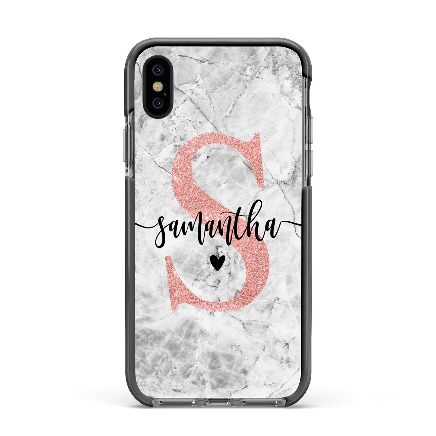 Grey Marble Personalised Pink Glitter Initial Apple iPhone Xs Impact Case Black Edge on Black Phone