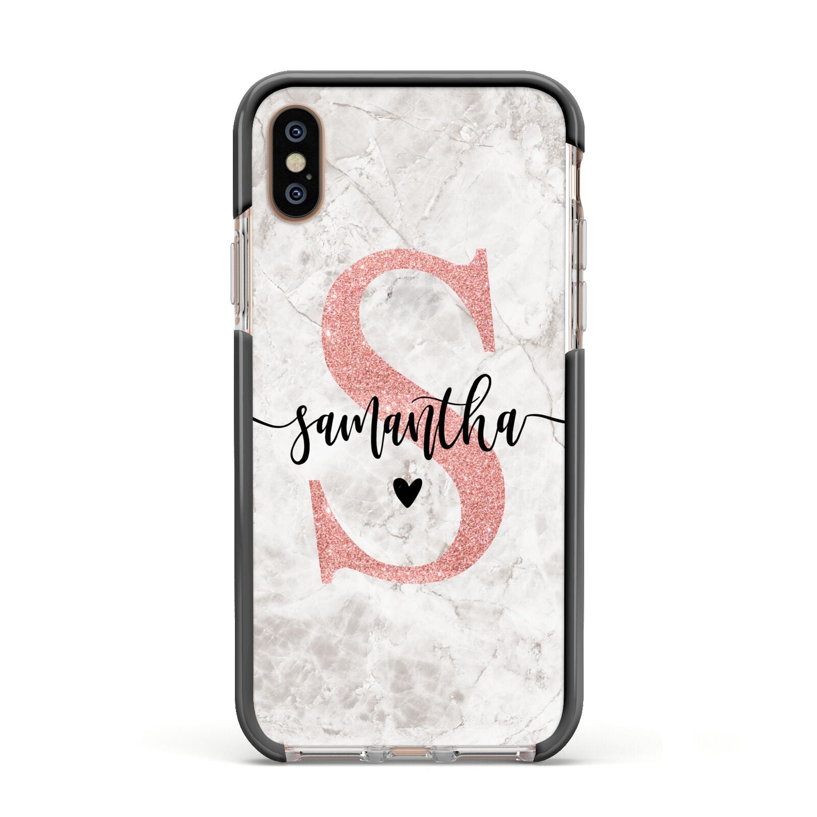 Grey Marble Personalised Pink Glitter Initial Apple iPhone Xs Impact Case Black Edge on Gold Phone