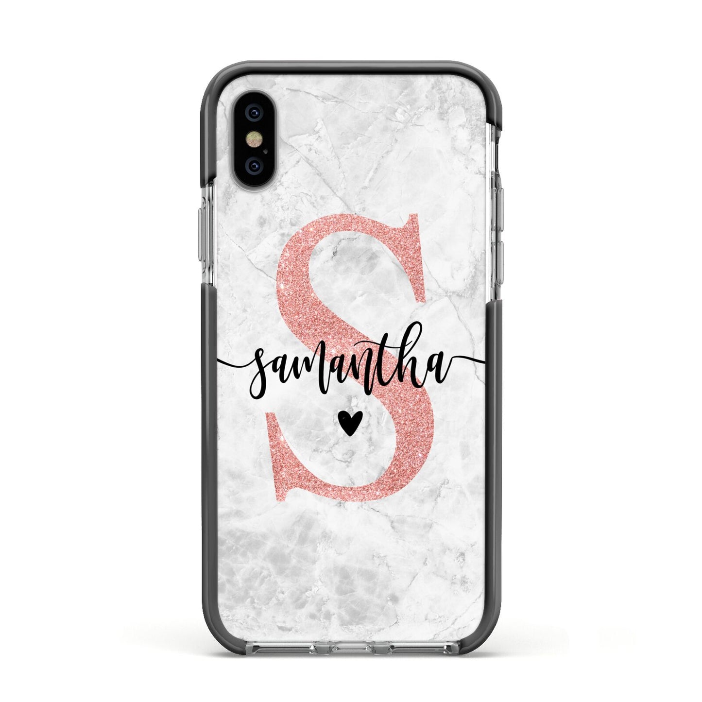 Grey Marble Personalised Pink Glitter Initial Apple iPhone Xs Impact Case Black Edge on Silver Phone