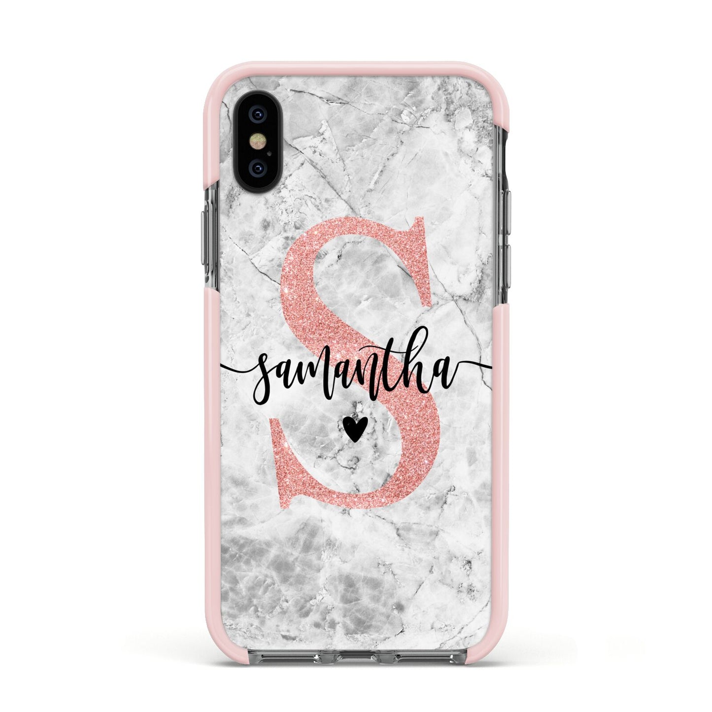 Grey Marble Personalised Pink Glitter Initial Apple iPhone Xs Impact Case Pink Edge on Black Phone