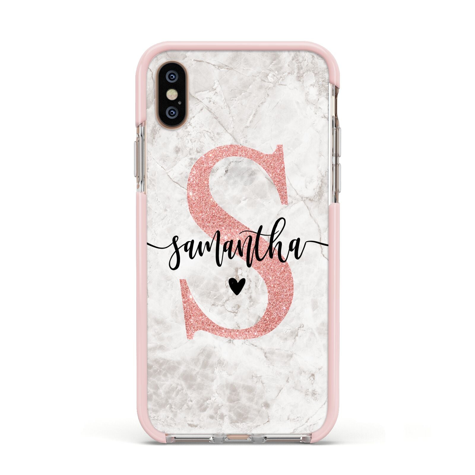 Grey Marble Personalised Pink Glitter Initial Apple iPhone Xs Impact Case Pink Edge on Gold Phone