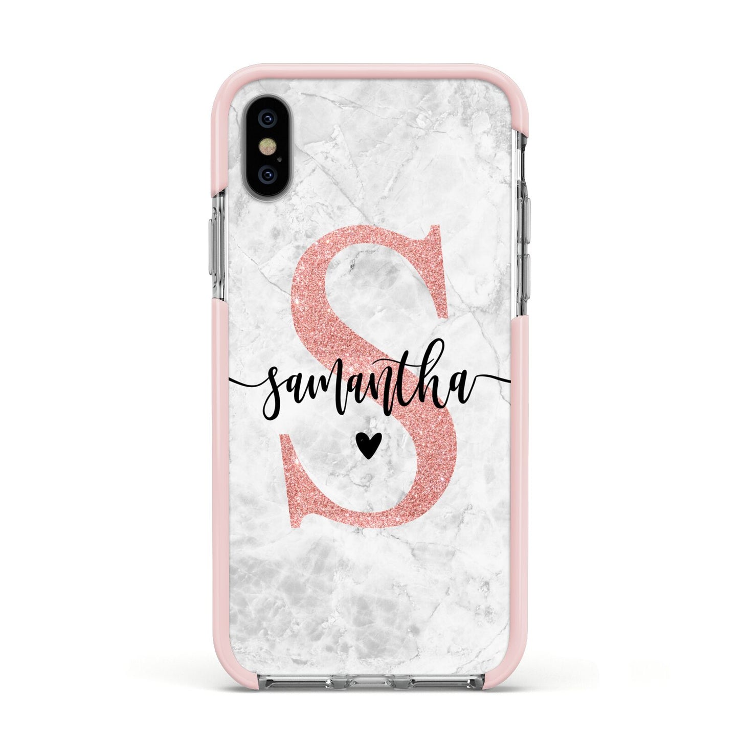 Grey Marble Personalised Pink Glitter Initial Apple iPhone Xs Impact Case Pink Edge on Silver Phone