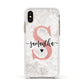 Grey Marble Personalised Pink Glitter Initial Apple iPhone Xs Impact Case White Edge on Gold Phone